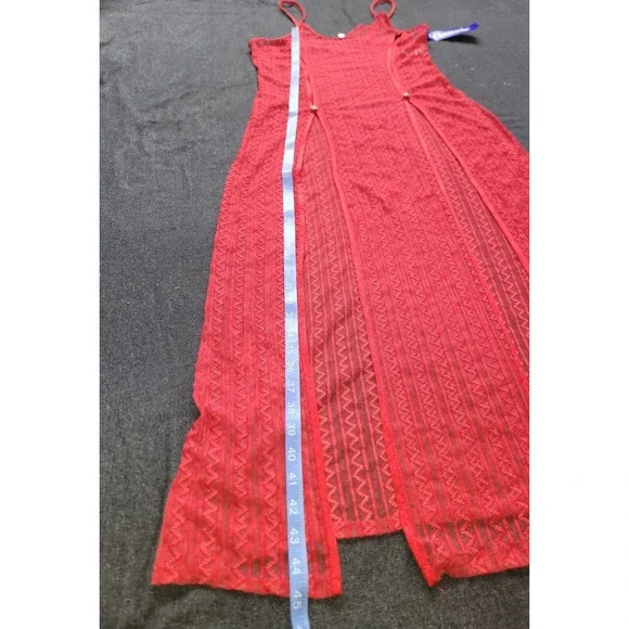 Vintage 80s 90s Red Mesh Geometric Double Slit Nightgown Lingerie Long Sheer M‎